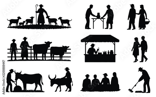Foto Vector silhouette collection of vintage rural agricultural scenes featuring farmers, livestock animals, market stalls, and village life