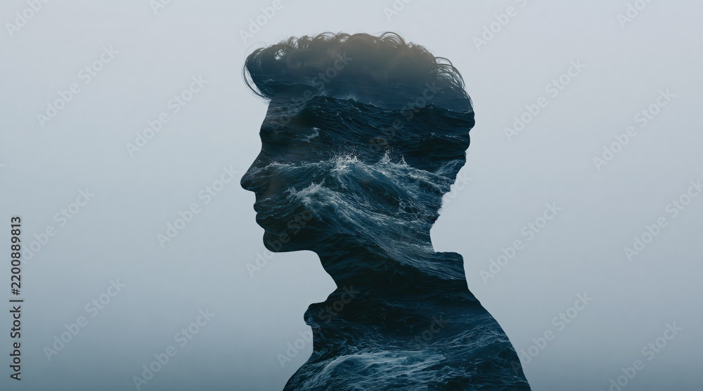 Obraz premium Side profile silhouette of a human head and shoulders filled with ocean waves in a double exposure style against a muted gray background.