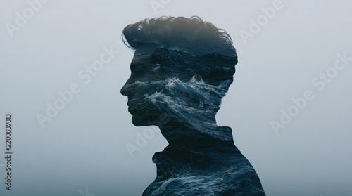 Side profile silhouette of a human head and shoulders filled with ocean waves in a double exposure style against a muted gray background.