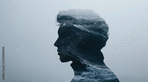 Double exposure of a male profile silhouette blended with ocean waves against a soft gray background.