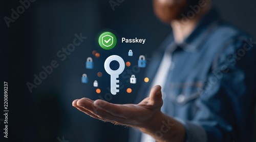 Blurred person holding a hand under a digital key icon with passkey and lock symbols, illustrating the concept of online security and passwordless authentication.
