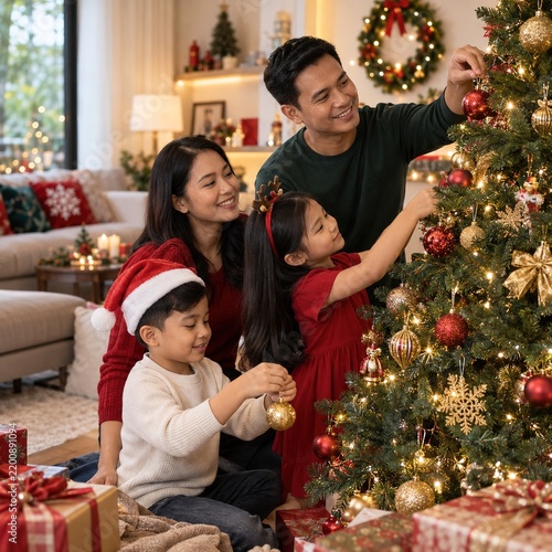 Family Decorating Christmas Tree at Home