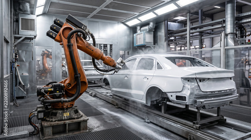 Obraz na płótnie 自動塗装ブースで車体をスプレー塗装するロボットアーム・無人