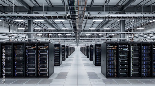 Wide symmetrical view of a modern data center showing long parallel rows of illuminated server racks under a ceiling network of cables, ventilation ducts, and bright overhead lights.