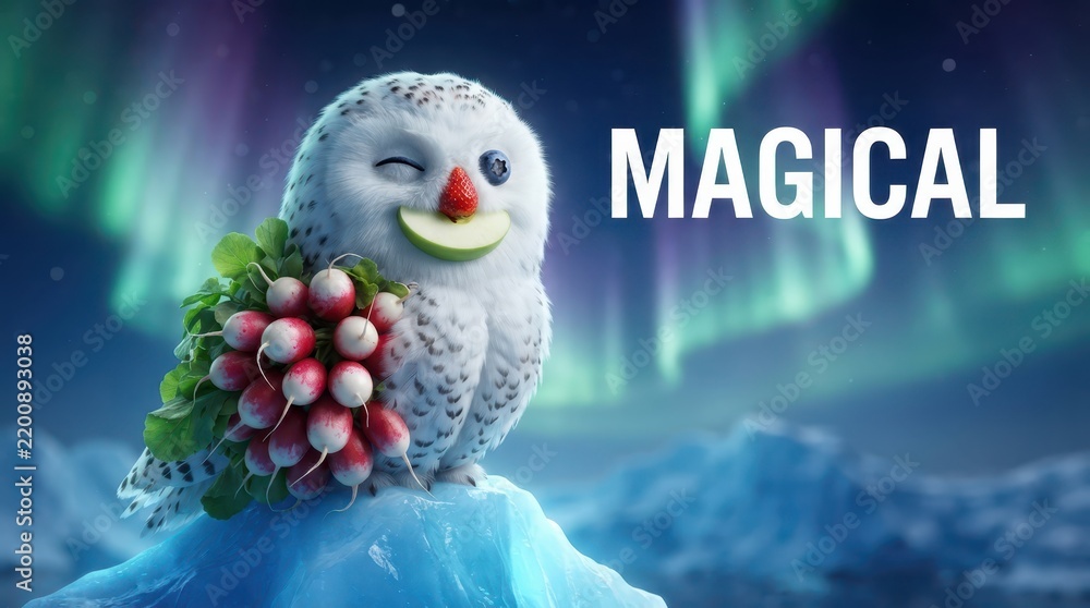 Obraz premium Magical snow owl perched on festive holly branch.
