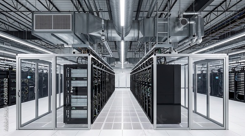 Interior of a data center featuring server cabinets enclosed within glass containment doors, with large industrial air ducts and ventilation piping mounted on the ceiling overhead.