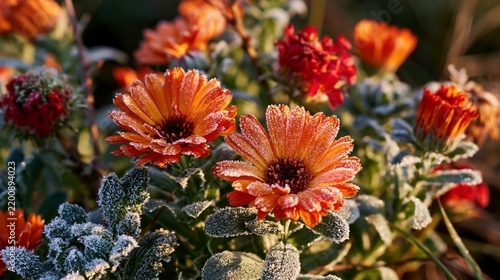 a vibrant orange flower with water droplets glistening on its petals, set against a blurred background. The flowers center is a deep brown, contrasting with the bright orange petals.