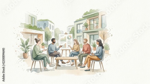 Minimal Watercolor Illustration of a Diverse Co-housing Community Meeting Outdoors with Presentation Charts in a Modern Urban Environment and Large Copy Space for Hero Banner