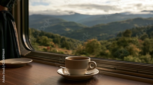 a cup of coffee on a wooden table beside a window. The window offers a panoramic view of a lush, green valley with rolling hills and distant mountains.