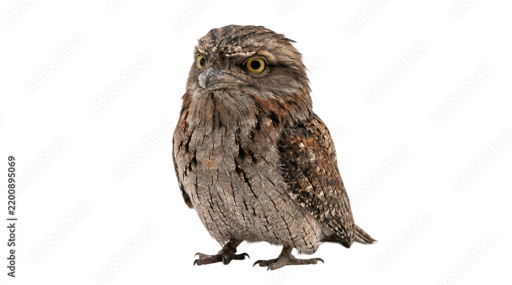 Fototapeta premium A majestic tawny frogmouth displays remarkable natural camouflage patterns as the nocturnal predator stands watch patiently while resting during the peaceful daylight hours in the wild