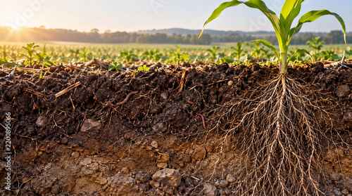 Healthy Crop Roots in Living Soil Cross Section on Regenerative Farm