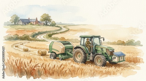 Watercolor illustration of a sustainable electric tractor with solar panels harvesting hay in a golden autumn field, rural farm landscape banner with copy space