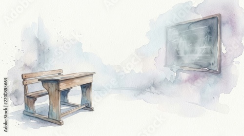 Haunted School Classroom Watercolor Illustration with Floating Chalkboard