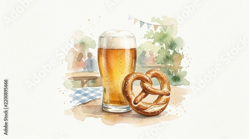 Watercolor beer glass and pretzel for Oktoberfest celebration on white background