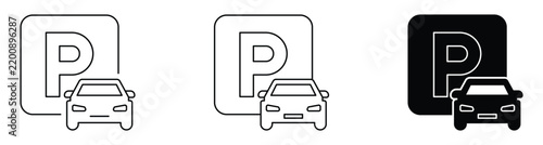 Parking Line Icons Set – Car Parking, Parking Space, Vehicle and Transportation Symbols.