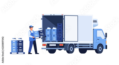 Vector Illustration of a Delivery Worker Loading Fresh Milk Crates into a Refrigerated Truck for Dairy Distribution and Logistics