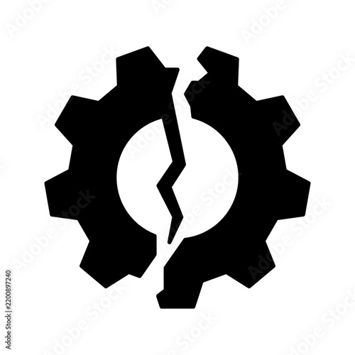 Broken interlocking gears symbolizing mechanical failure, damage, troubleshooting, repair, and equipment malfunction in a black outline style.