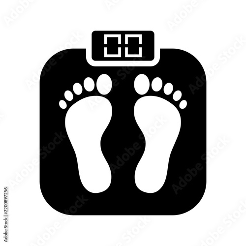 Body weight scale icon with footprints and a digital display, representing weight measurement, fitness, health, and body monitoring.