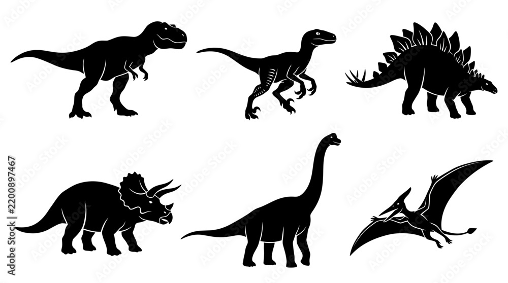 Fototapeta premium Set of Six Dinosaur Silhouettes Isolated