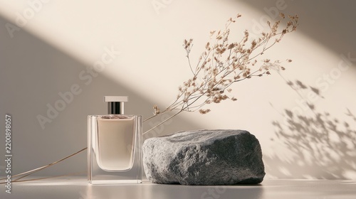 Perfume bottle with stone and dried flowers