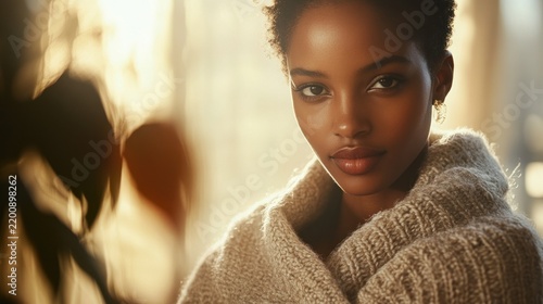 Young woman in cozy sweater natural light indoors