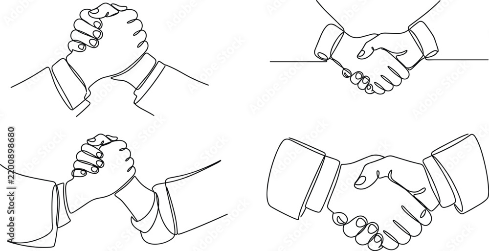 Fototapeta premium Set of continuous line drawing of handshake and arm wrestling, business partnership and agreement concept