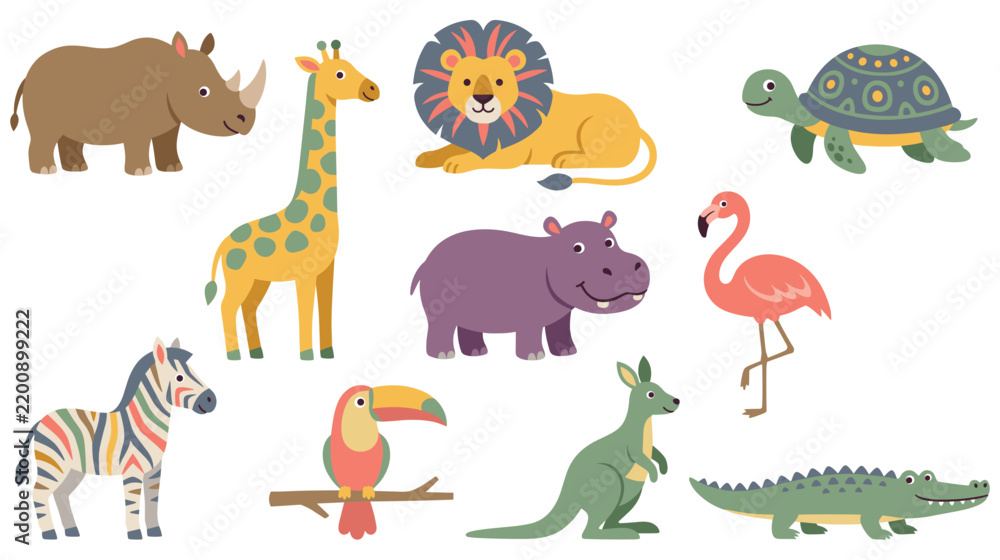Fototapeta premium Collection of cute cartoon wild animal characters isolated on white background.