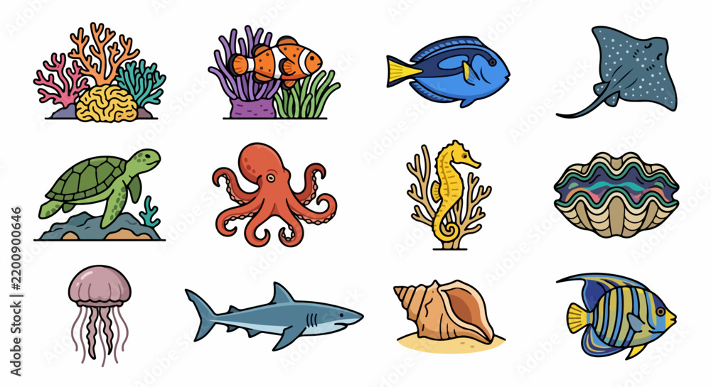 Obraz premium Colorful Illustrated Collection of Marine Sea Creatures.