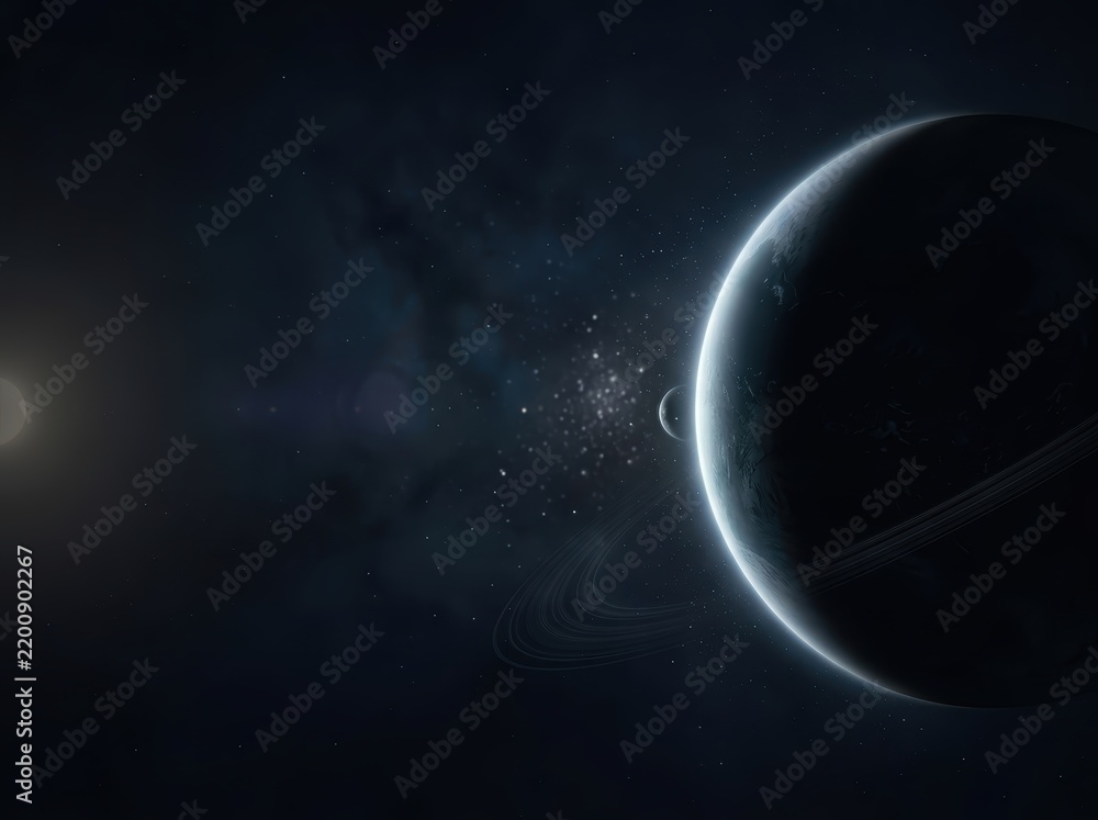 Fototapeta premium Cinematic exoplanet system in deep space with glowing crescent edge and rings, featuring vast copy space for celestial discovery and astronomical exploration.
