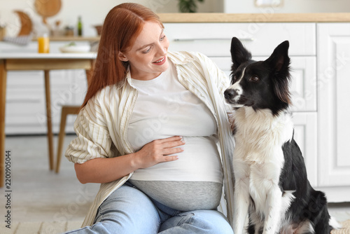 Young pregnant woman and cute Border Collie dog sitting on floor at home