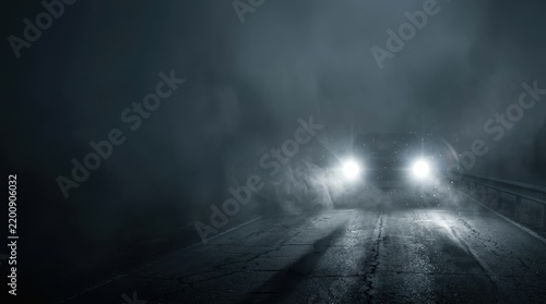 Cinematic horror banner featuring car headlights in dense fog on a dark highway road with ample copy space for advertising