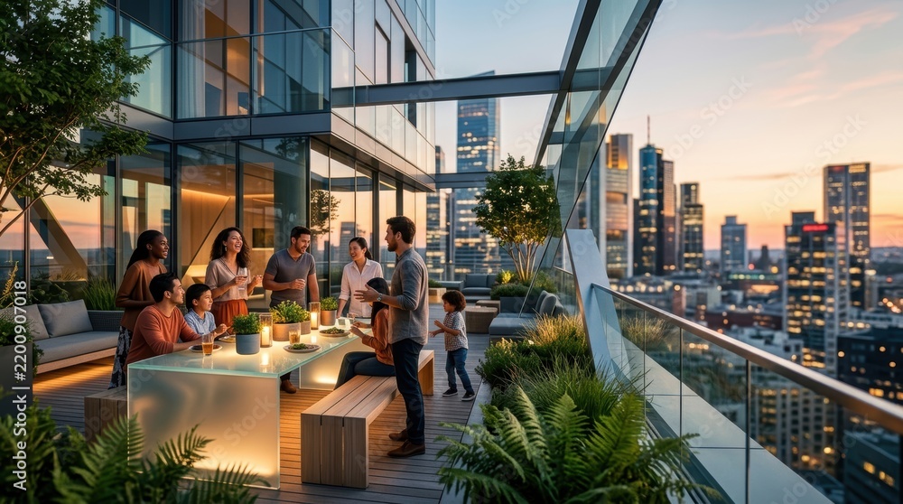 Obraz premium Modern urban rooftop garden with diverse residents socializing at sunset against a city skyline hero banner