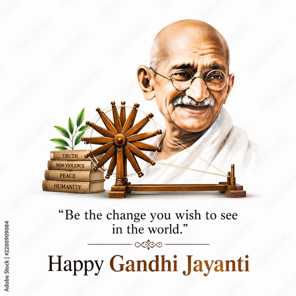 Fototapeta premium Gandhi jayanti greeting card featuring spinning wheel books famous quote inspirational quote national leader freedom fight