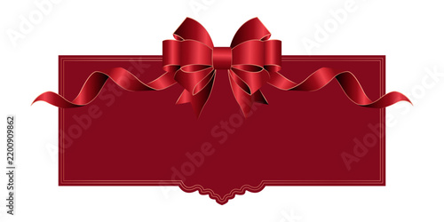 Red gift box label with elegant ribbon bow isolated on white background
