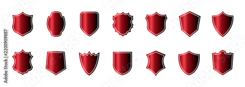 Set of various red shield icons with metallic gradient isolated on white background