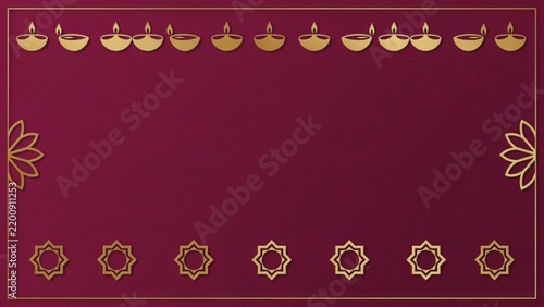 Minimalist luxurious diwali greeting card background with golden diyas on red texture