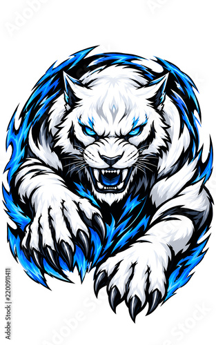White Tiger with Blue Fire Flames Vector Illustration