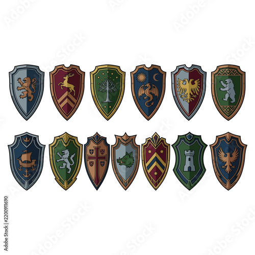 Heraldic shields with animal and castle emblems vector illustration