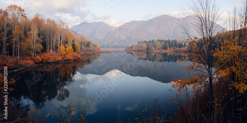 Still Mountain Lake Framed by Quiet Autumn Woods