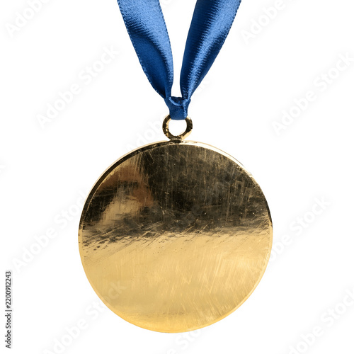Gold medal with blue ribbon, first place, champion as isolated object