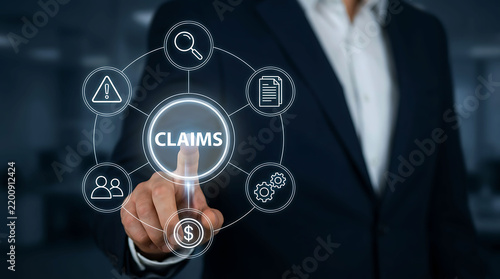 Businessman pressing digital claims icon on a modern virtual touchscreen interface