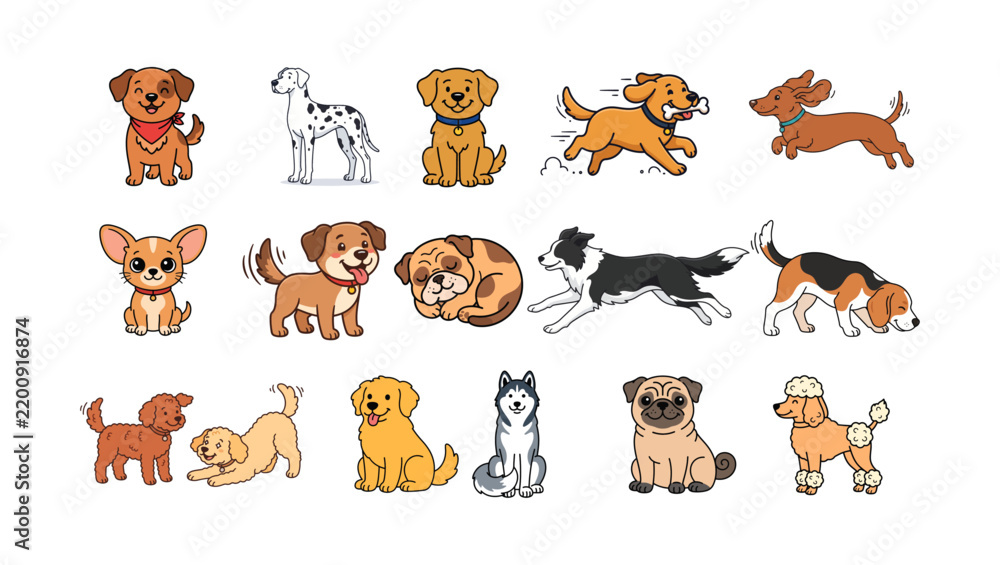 Obraz premium Dogs Group Doodle Pet Characters Flat Vector Illustration Set On PNG Background,puppy, pet, dog breed, doodle dog, cartoon dog, cute dog, dog character