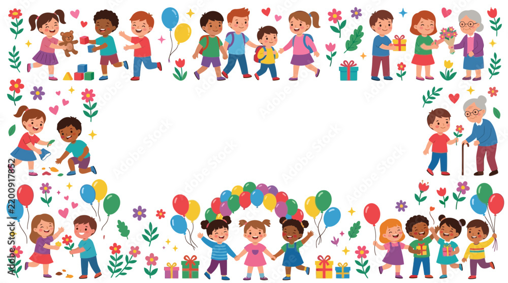 Fototapeta premium Cartoon Children Frame with Happy Kids and Flowers