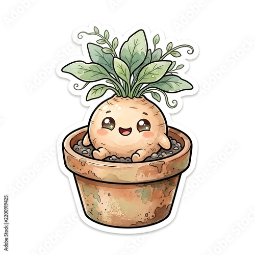 Cute cartoon mandrake plant character sitting in a terracotta pot with green leaves on white background