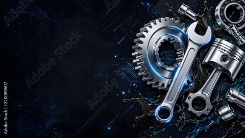 3D Car Repair Tools and Auto Parts with Wrench, Piston, and Gears on Dark Background