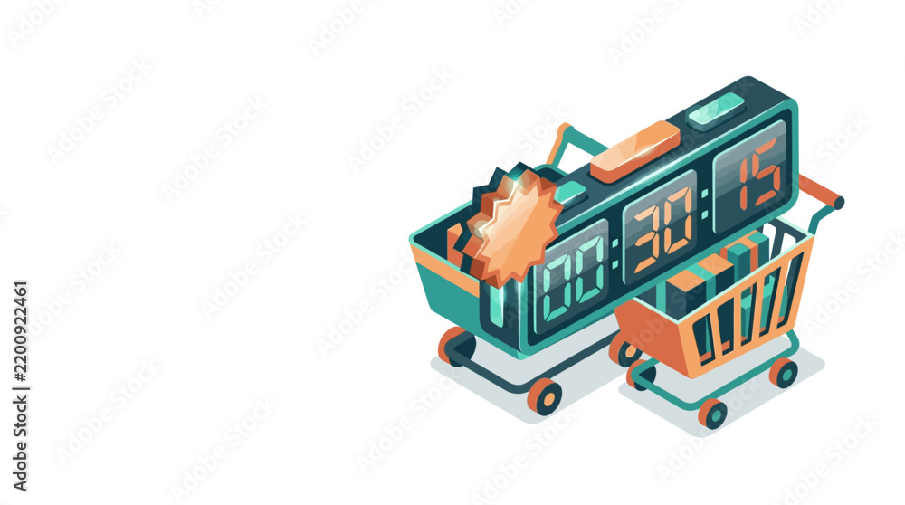 Obraz premium Digital Timer in Shopping Cart, Time Management, Deadline, Sale Countdown Concept