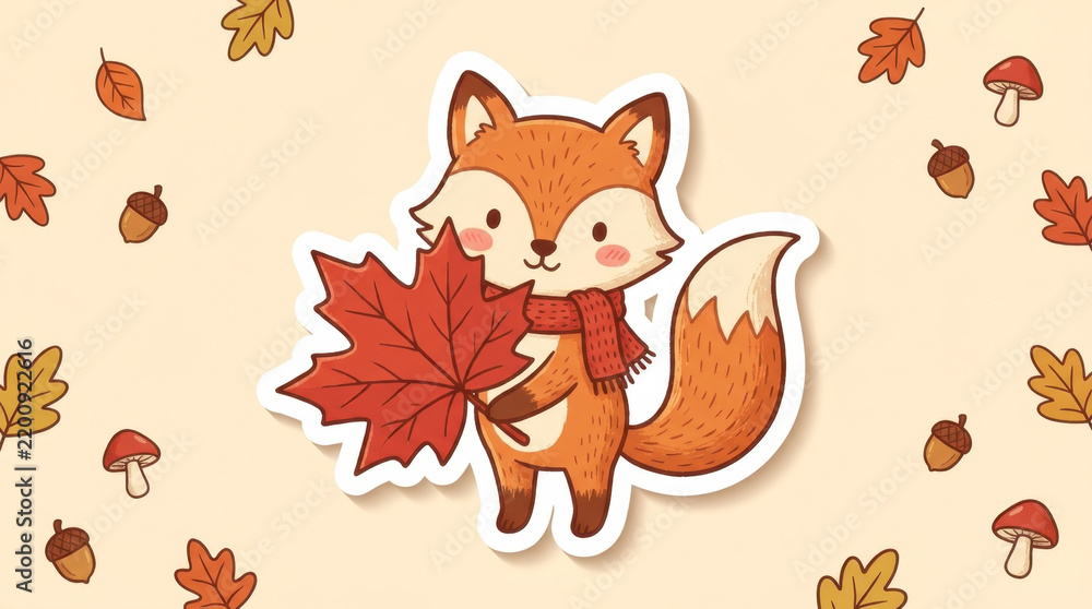 Fototapeta premium Cute Cartoon Fox with Maple Leaf Sticker