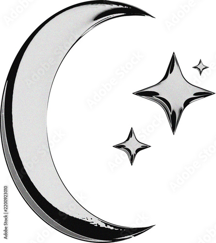 Reflective Y2K Style Crescent Moon and Sparkle Icon Graphic Element