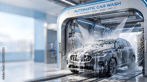Automatic Car Wash System Spraying Foam Water and Cleaning SUV Vehicle Modern Auto Detailing Station