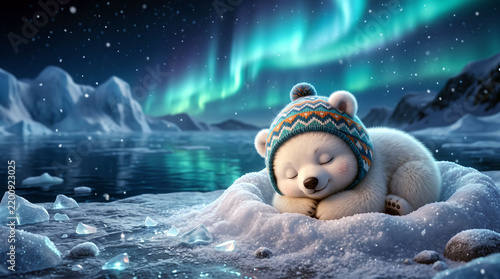 A cute bear cub sleeping in snow under the northern lights.